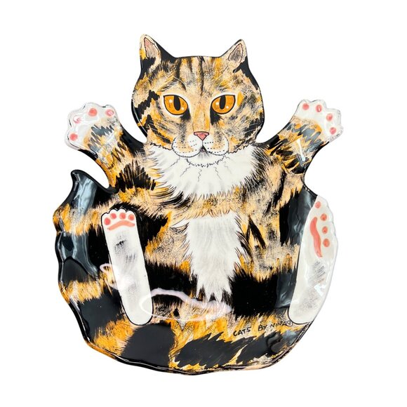 Cats by Nina Lyman Ceramic Cat Shaped Plate Platter Orange Black Calico - Picture 1 of 12